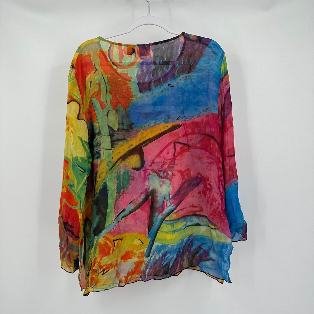 Chicos Women Art To Wear Boho Silk Top Sz 3 US XL Colorful Bold Sheer Maximalist - Picture 2 of 7